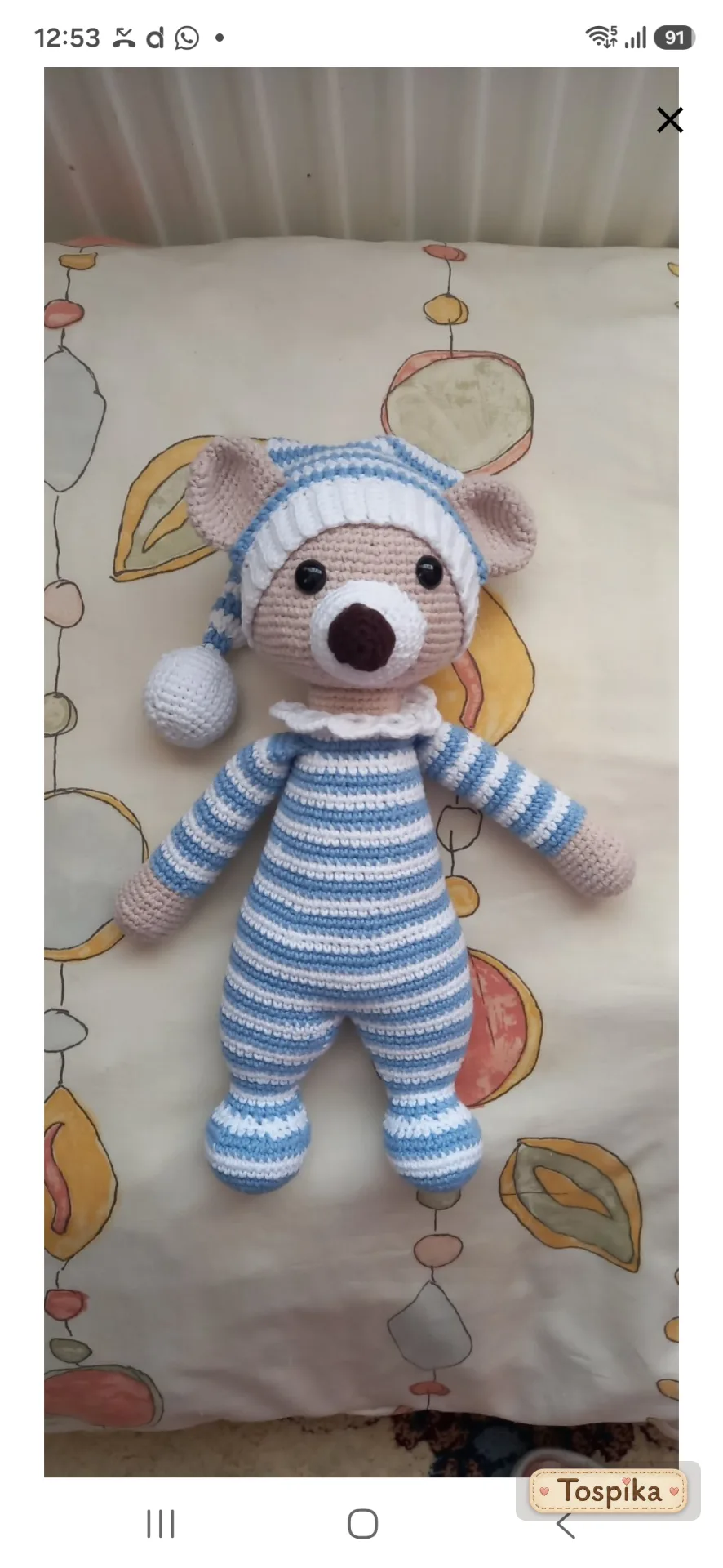 Uyku arkadaşı. Koton iple örüldü. 30 cm boyunda. Şapkası çıkarılabilir