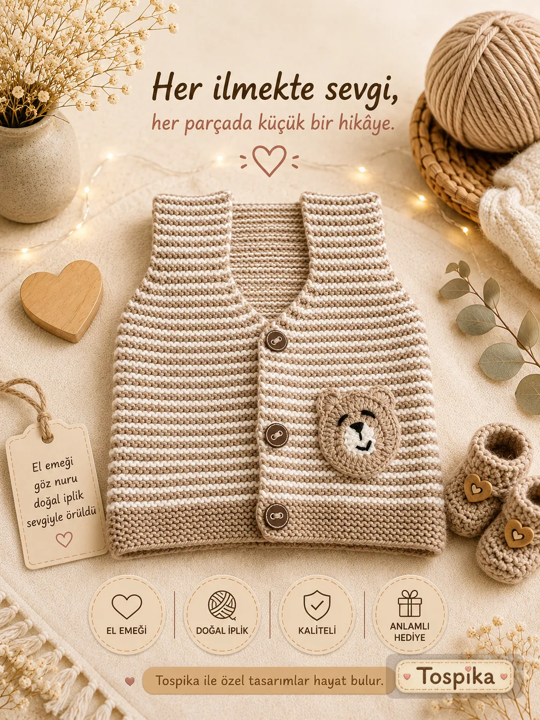 Erkek bebek yelegi 0-6 ay beyaz açık kahve