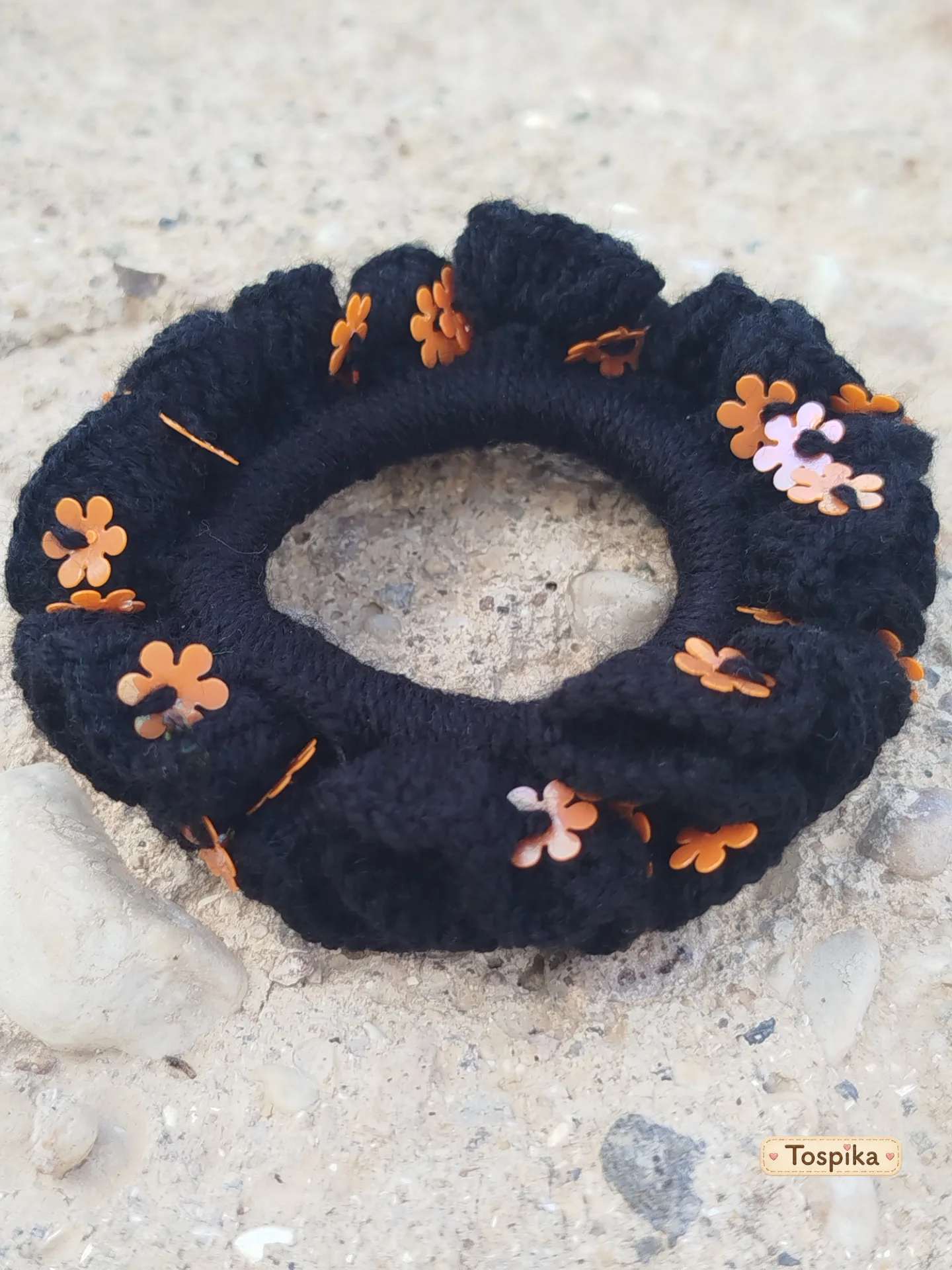 Hand-Crocheted Black Hair Bun Clip with Orange Sequins