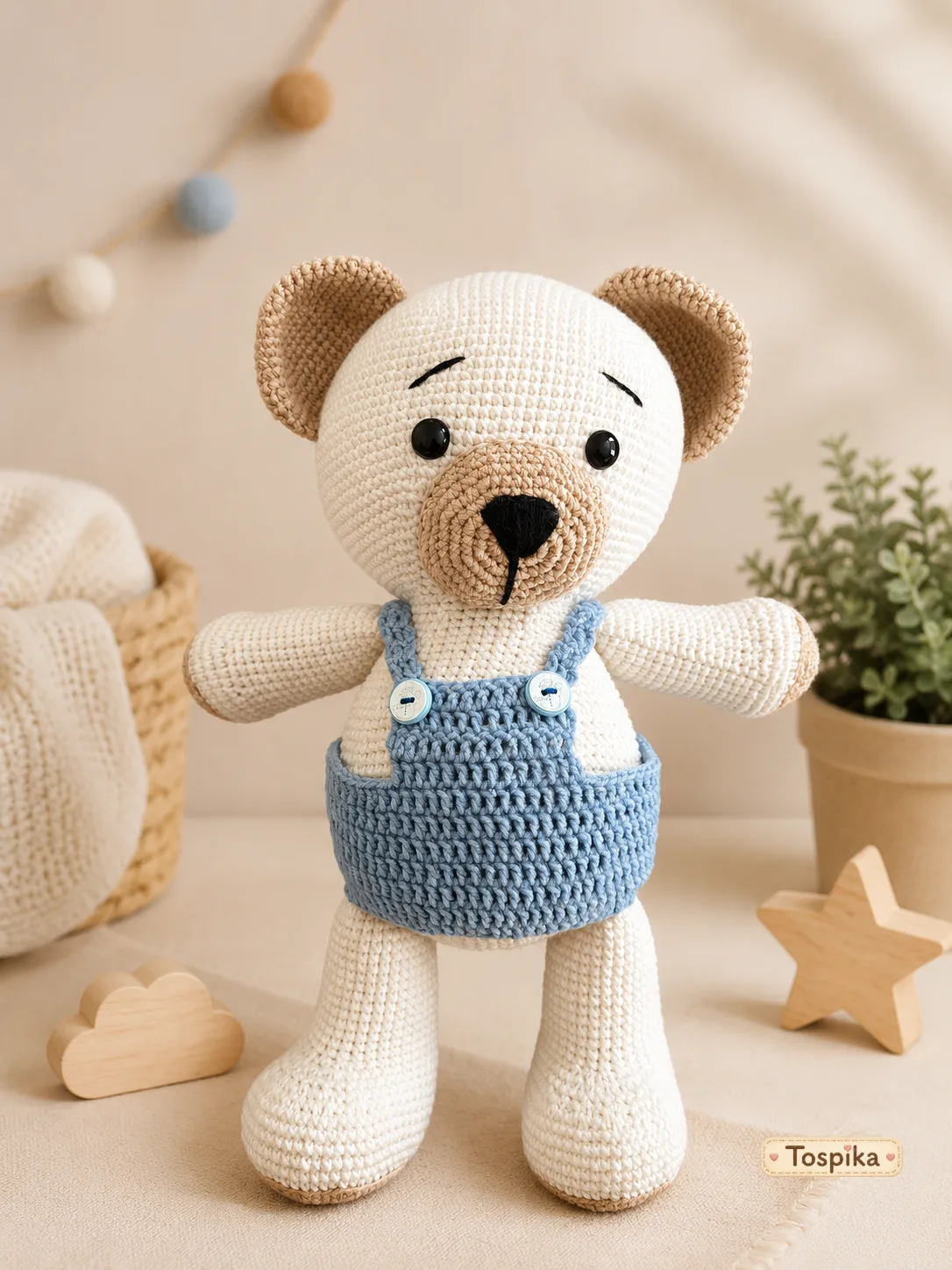 Handmade Amigurumi Chubby Bear Toy - Blue Overalls