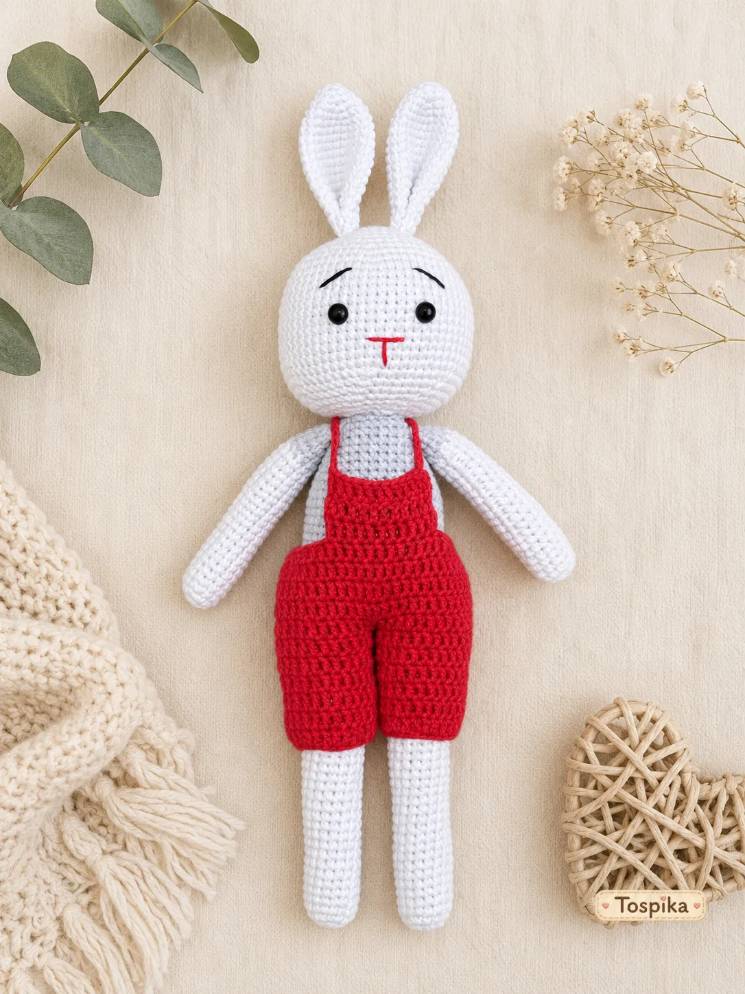 Amigurumi Rabbit Toy in Red Overalls (33 cm)