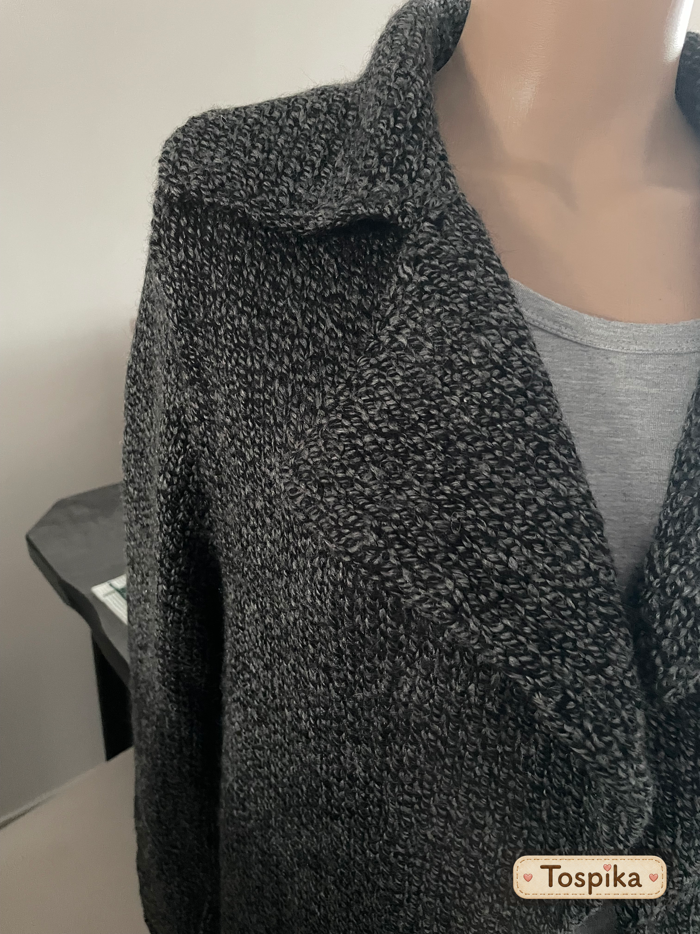 Handgestrickte graue Long-Strickjacke, Größe 36–40