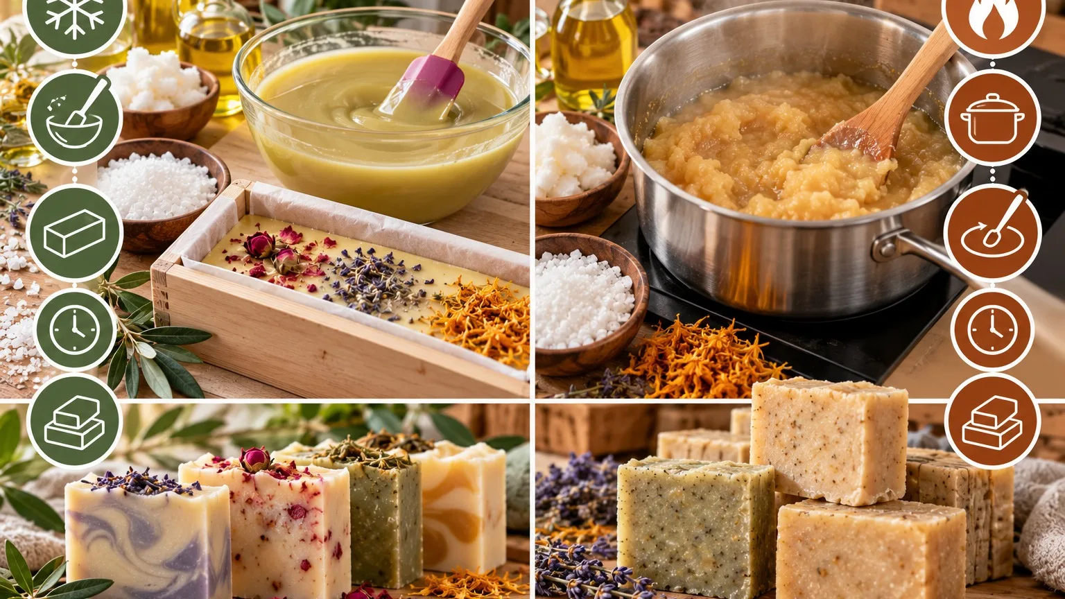 Smooth cold process soap bars and textured hot process soap bars on a wooden surface