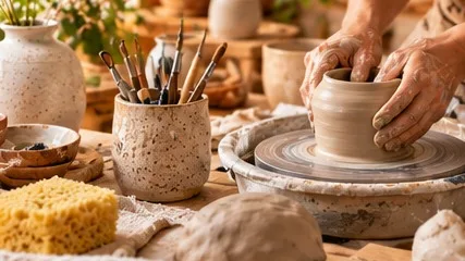 Shaping clay and handmade ceramic pieces in a pottery studio