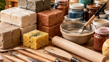 Worktable arranged with ceramic clay, wooden shaping tools, sponges, and containers of glaze