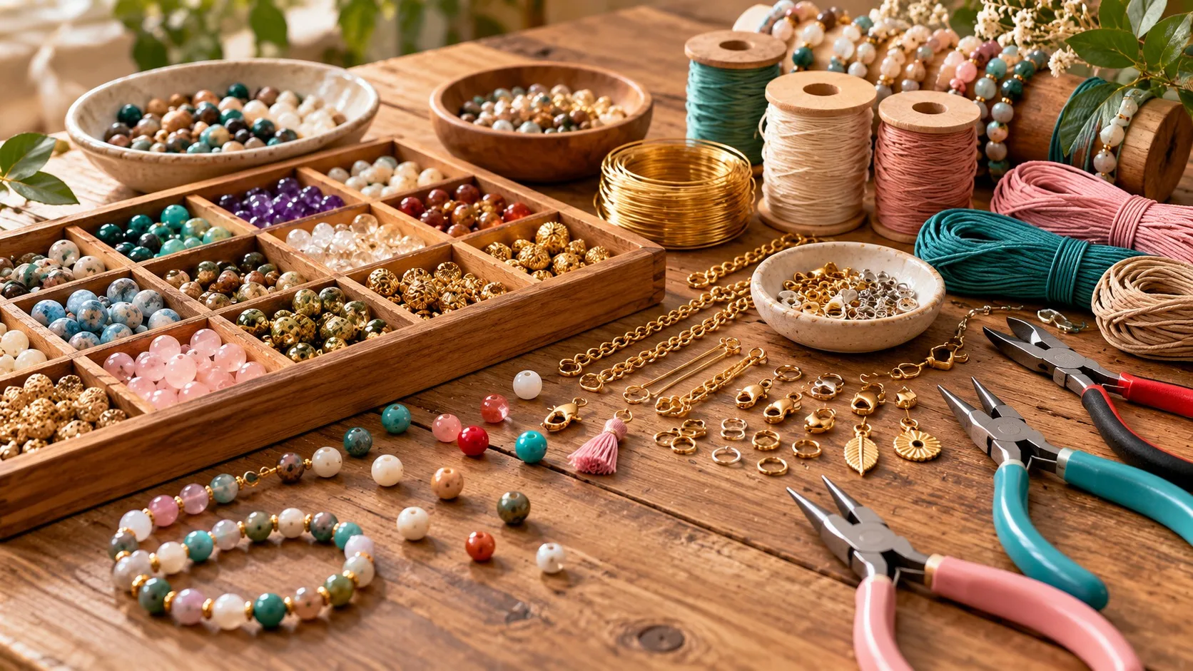 Colorful beads, jewelry cords, clasps, and pliers on a wooden table