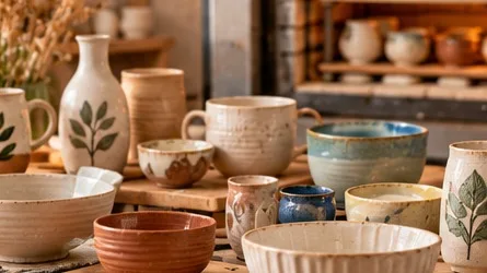 Ceramics studio showing hand-building, coiling, slab building, and pottery wheel techniques