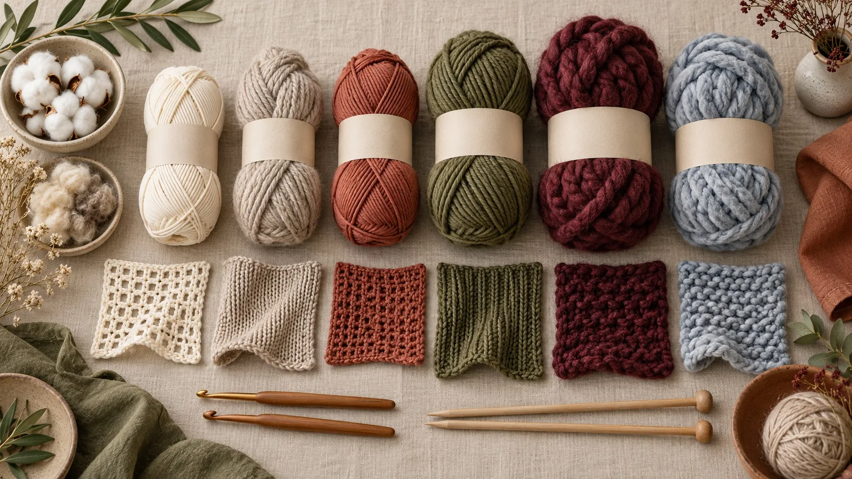 Bunte Garne, Häkel- und Stricknadeln neben handgefertigten Strick- und Häkelarbeiten