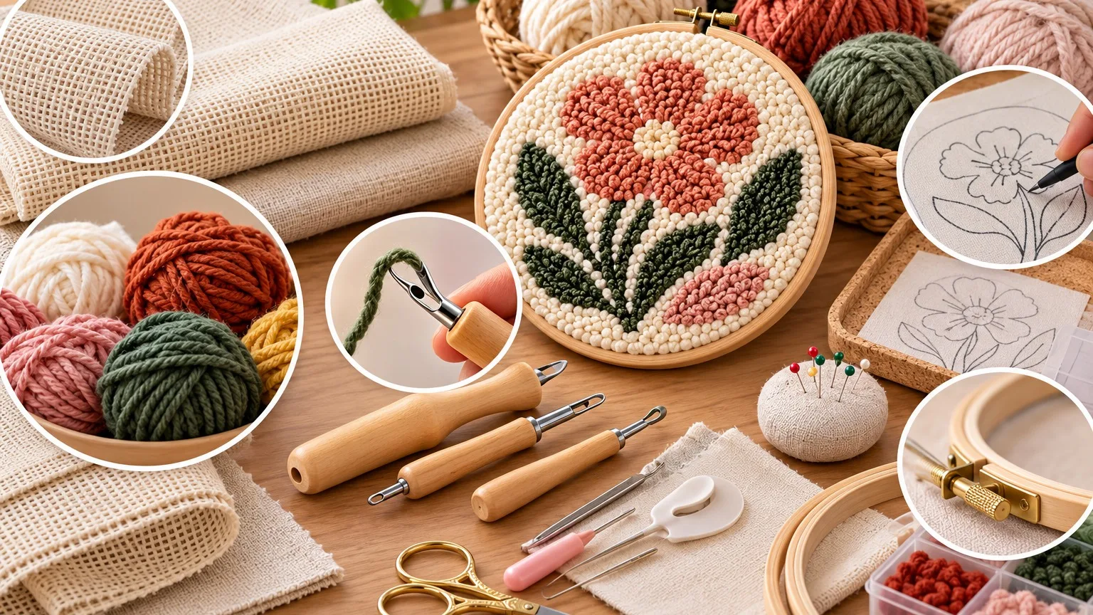 Punch needles, wool yarn balls, monk's cloth, a hoop and small scissors on a wooden table