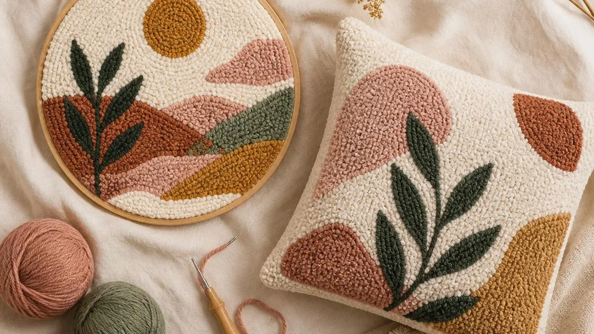 Punch needle work in colourful yarn on a hoop with a punch needle tool