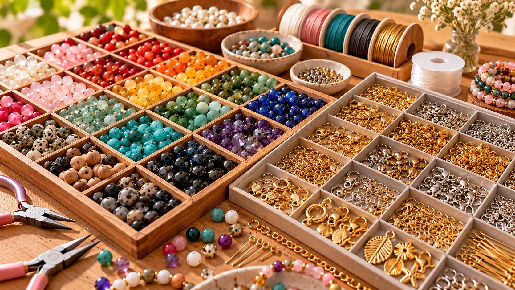 Beads grouped by color, with gold and silver jewelry findings